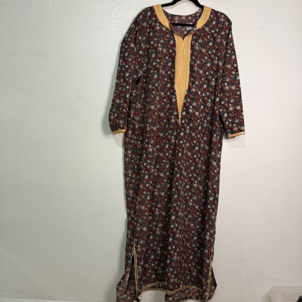 Moustafa Boho Floral Long Sleeve Kaftan with Mustard Trim. Egyptian Cotton. Sz L
